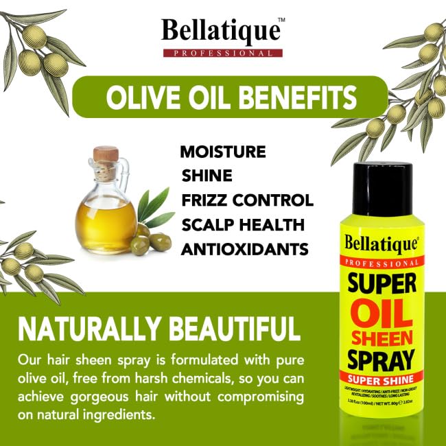 BELLATIQUE Super Oil Sheen Spray - Super Shine. Lightweight, Hydrating, Anti-Frizz, Non-Greasy, Revitalizing, Soothes, Long Lasting, Deep