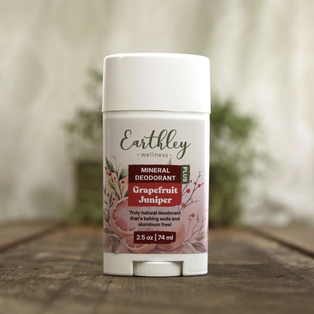 Earthley Wellness Mineral Deodorant PLUS, Natural & Aluminum-Free (2.5oz, Grapefruit-Juniper), Supports Freshness & Skin Health, French Green Clay Beauty and Personal Care Earthley Wellness