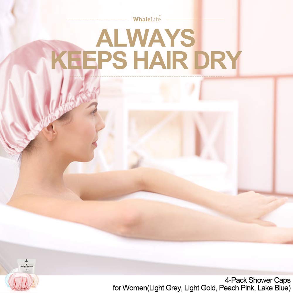 Shower Cap for Women Reusable Extra Large Shower Caps for Men Satin Double Layer EVA Waterproof Long Hair Caps(Light Grey, Light Gold, Peach Pink