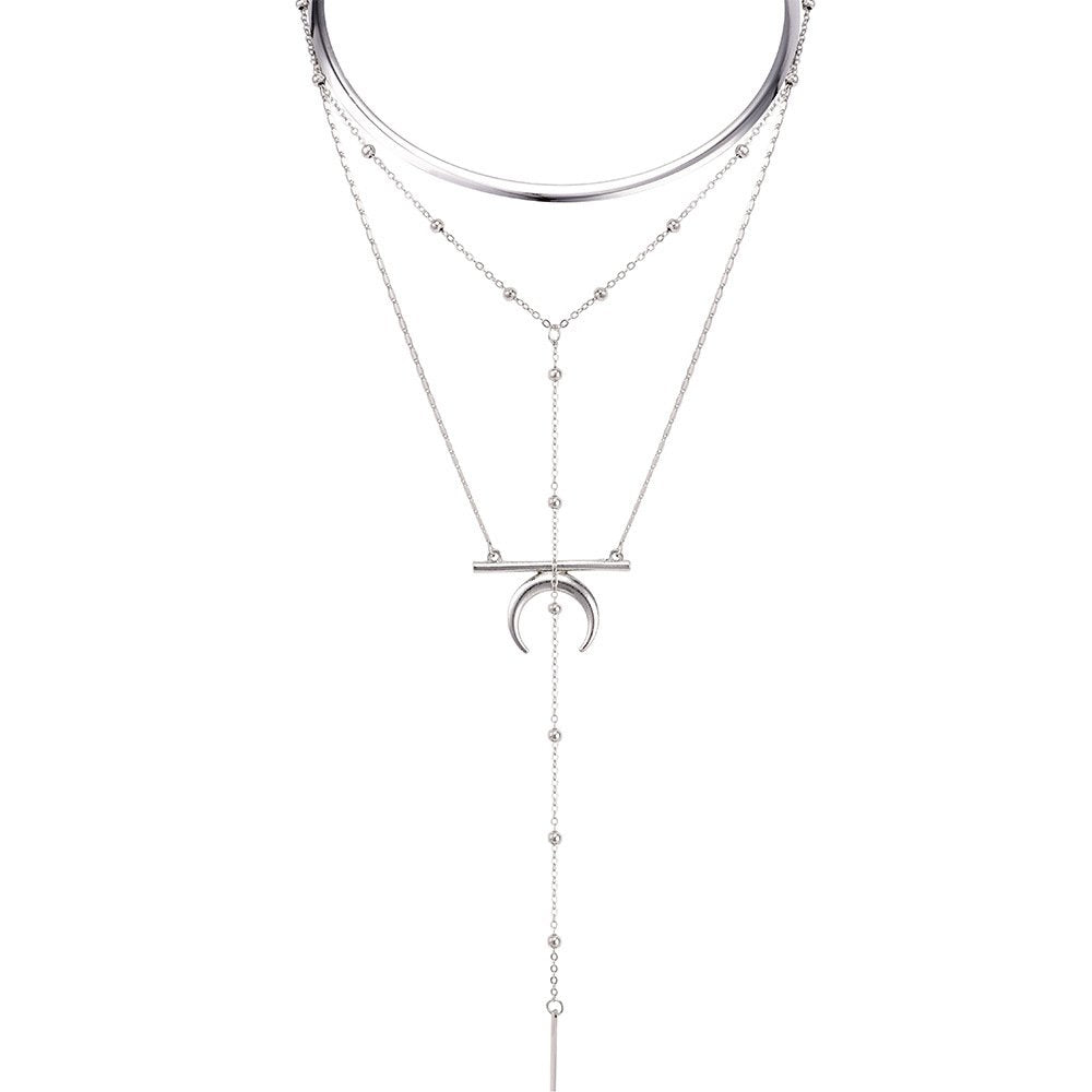 DoubleNine Big Circle Long Chain Moon Crescent Bar Pendant Gothic Multi-layer Necklace Silver Choker for Women Girls