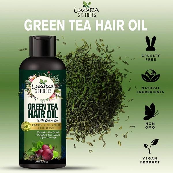 Luxura Sciences Green Tea Oil for Hair Growth | Controls Dandruff & Hair Loss | Root Strengthening Oil | Makes Hair Soft, Shiny & Thick | 6.76 Fl