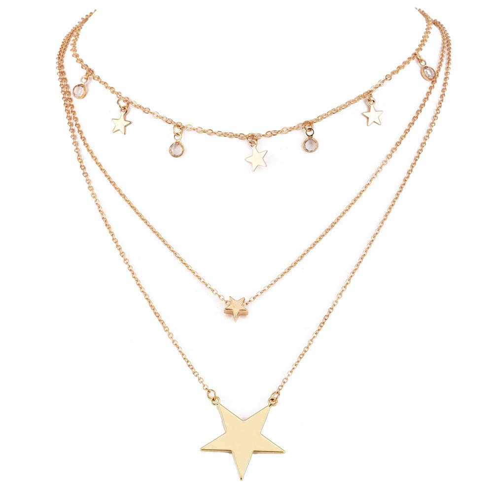 DoubleNine Large Star Crystal Pendant Gold Tassels Dangle Layered Necklace for Women Girls