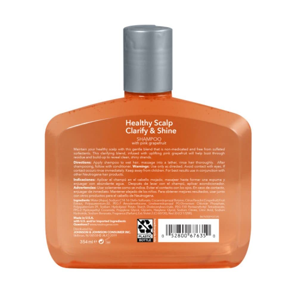 Neutrogena Exfoliating Healthy Scalp Clarify & Shine Shampoo for Oily Hair and Scalp, Anti-Residue Shampoo with Pink Grapefruit, pH-Balanced, Paraben