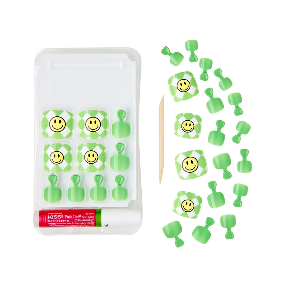 GoldFinger Trendy Press On Fake Toenail Kit Wider Fit, Smile Face Graffiti Print & Green Color, Ready to Wear Gel & Manicure Stick, Mini Glue Beauty & Personal Care Goldfinger