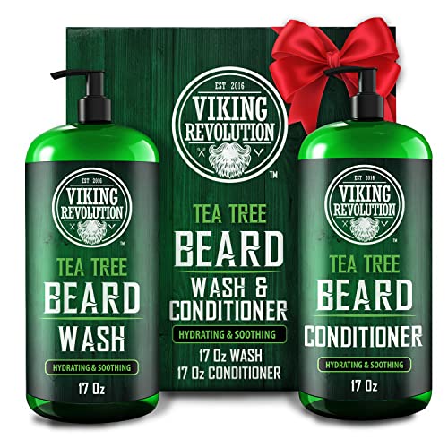 Viking Revolution Tea Tree Oil Beard Wash and Beard Conditioner For Men - Natural Beard Softener Set with Argan Oil, Vitamin E and Ginseng - Beard