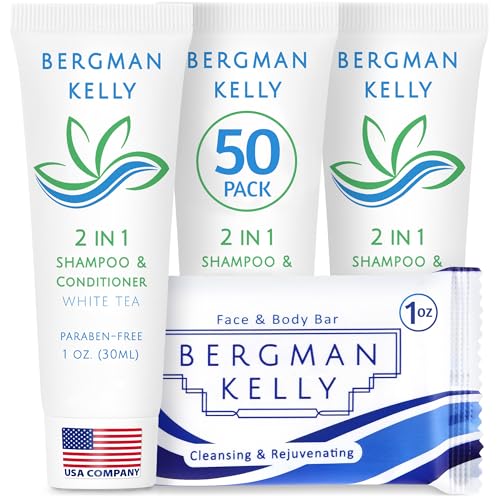 BERGMAN KELLY Rectangle Soap Bars, 2in1 Shampoo & Conditioner 2-Piece Set (White Tea, 1 oz each, 100 pc), Delight Your Guests with Revitalizing