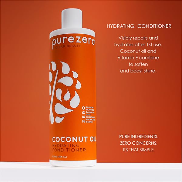 PureZero Coconut Oil Hydrating Silicone Free Shampoo & Conditioner Set - Vegan Formula for Dry or Color-Treated Hair - Deep Moisture, Sulfate-Free