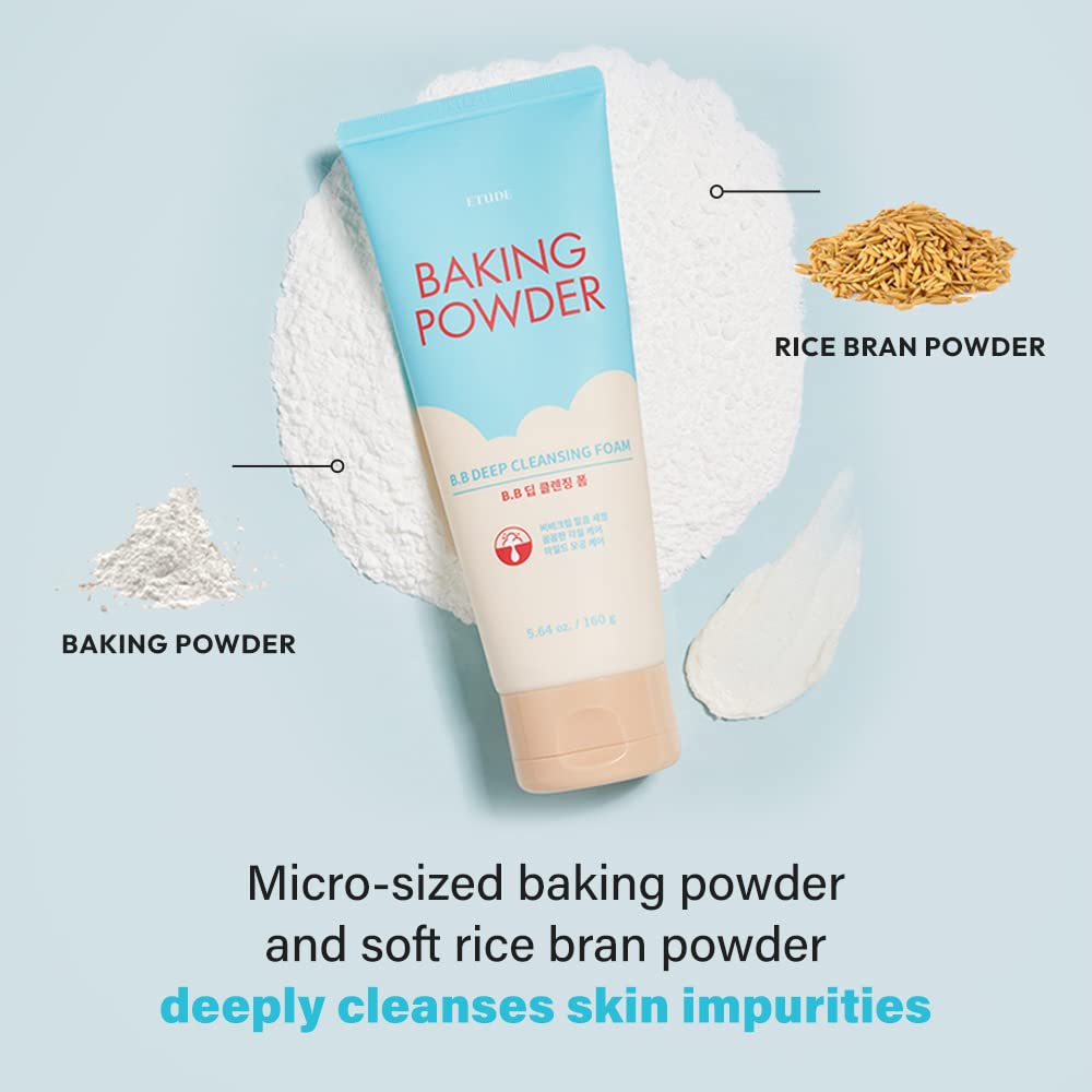 ETUDE Baking Powder B.B Deep Cleansing Foam, 2 in 1 Rice Bran + Baking Powder, Creamy Bubble + Scrub Exfoliate Skin, Fash Wash, Deep Cleanser