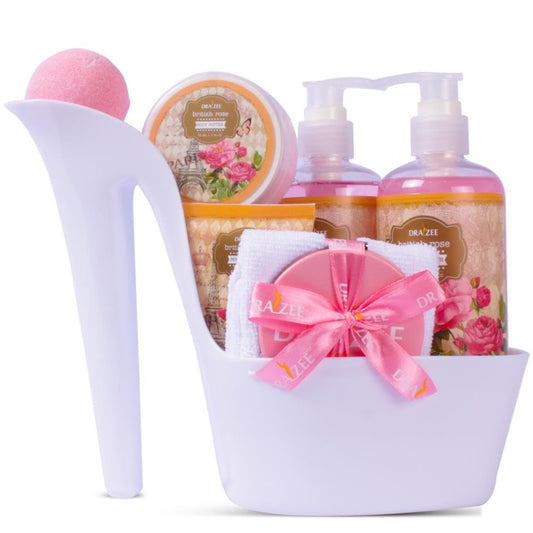 Gift Set for Women - 8 Pc Spa Gift Baskets for Women, British Rose Scented Heel Shoe Spa Basket, Luxury Bath and Body Set, Self Care Gift for Her or