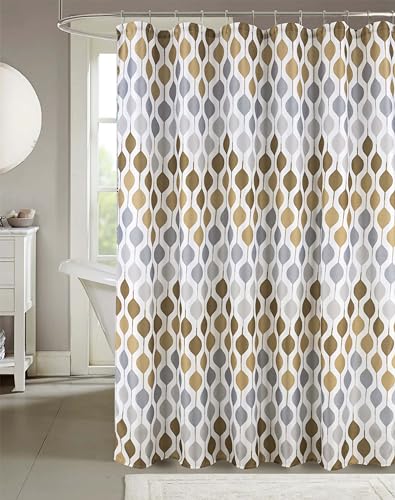 Serafina Home Grey Brown Taupe White Fabric Shower Curtain for Bathroom: Farmhouse Geometric Teardrop Border Design