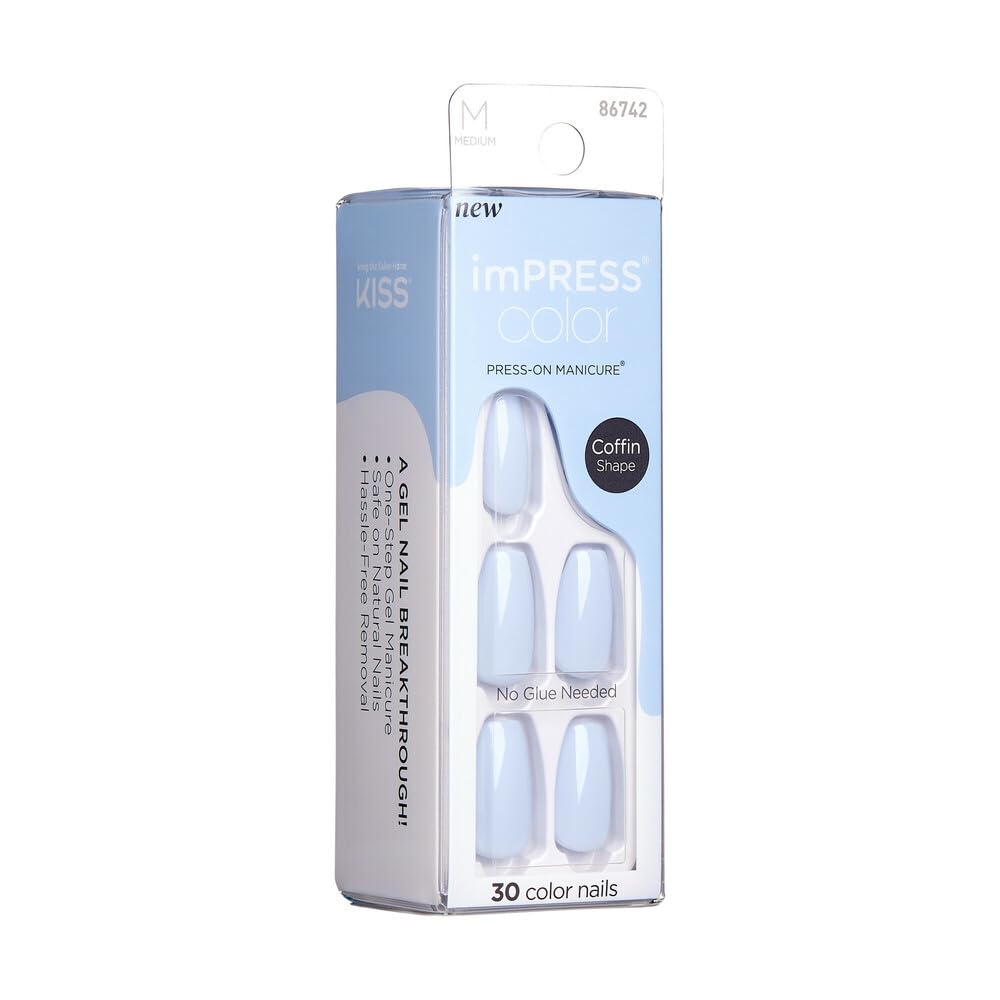KISS imPRESS Color No Glue Mani 30 Pcs Press On Nails, Light Blue, Medium Size, Coffin Shape, Simple Peel & Press Easy Apply, Hassel-Free Removal Beauty & Personal Care imPRESS