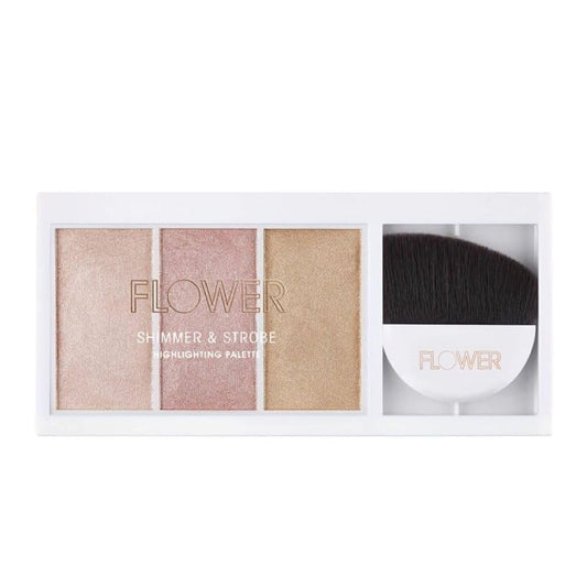 FLOWER Beauty By Drew Barrymore Shimmer + Strobe Highlighting Palette - Glowing Bronzer Powder Kit For Face + Blendable Coverage - Skintones + 3