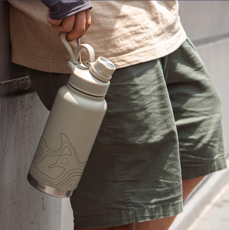 Akrivia Stainless Steel Water Bottle - Ultra Tough 32oz / 1 Liter Vacuum Insulated Double Wall Flask, Metal Canteen, (Stealth Black/Gray)