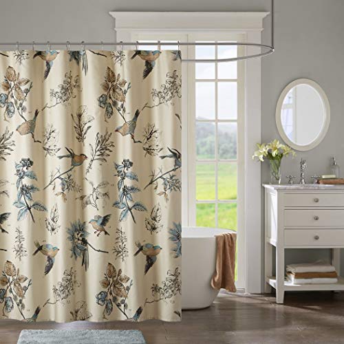 1 Piece Khaki Blue Birds Floral Pattern Shower Curtain 72"x72", Elegant Kids Animal Print Bathroom Drape Brown Nature Motif Lovely Flowers Bathtub…
