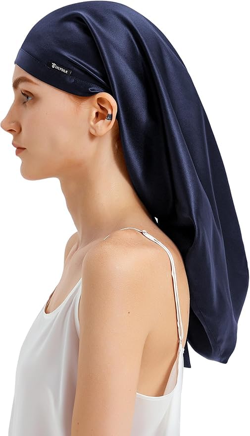 LILYSILK 100% Silk Bonnet Mulberry 19 Momme Silk Sleep Cap Long for Curly Hair Night Cap for Sleeping, Silk Hair Wrap for Women Navy Blue Beauty and Personal Care LilySilk