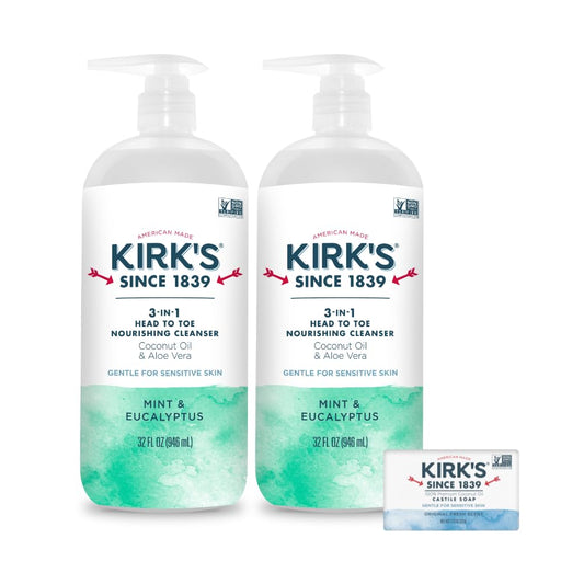 Kirk's Mint and Eucalyptus 3-in-1 Nourishing Cleanser and Travel Bar Soap, Shampoo Body Wash Bubble Bath, Coconut Oil and Aloe Vera, Vegan Non-GMO, 32 Beauty & Personal Care Kirk's