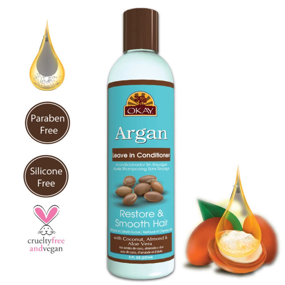 OKAY | Argan Leave In Conditioner | For All Hair Types & Textures | Restore, Hydrate & Smooth Hair | With Coconut, Almond, & Aloe Vera | Free