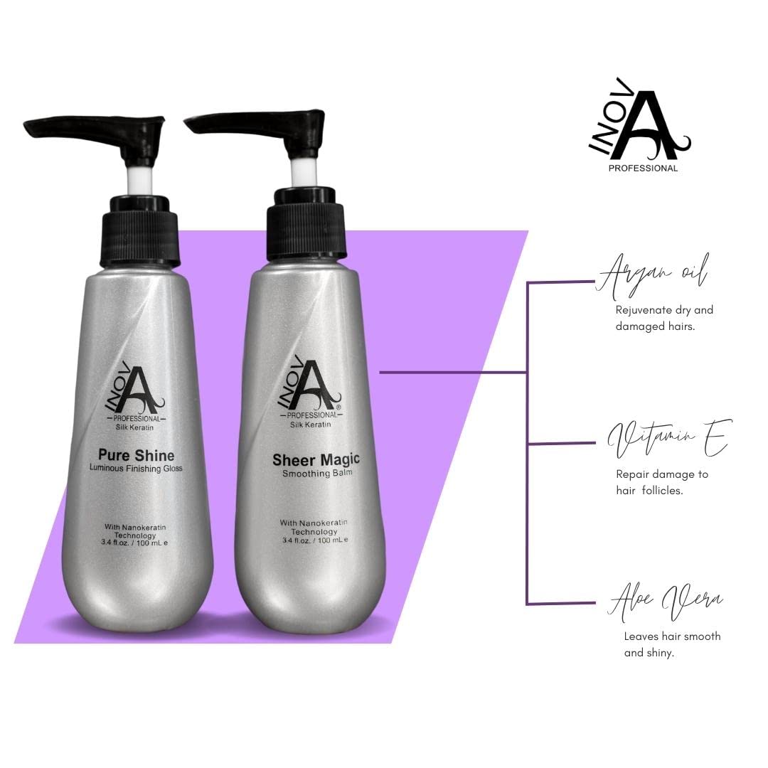 Inova Professional Silk Keratin - Smooth & Shine Set - Sheer Magic Smoothing Balm & Pure Shine Luminous Finishing Gloss, (3.4 Oz Set), white