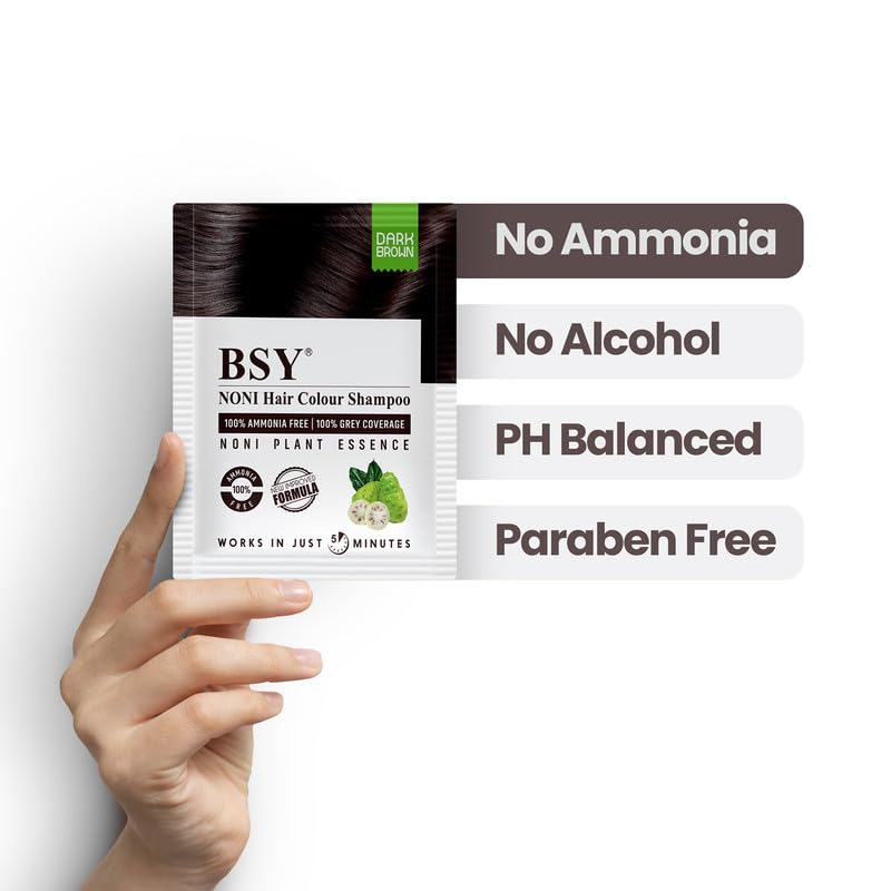 BSY Noni Dark Brown Hair Color Shampoo, Hair Dye, Hair Color Shampoo, 20mlx10 Sachets (Dark Brown, 20mlx10)