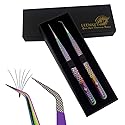 Eyelash Extension Tweezers Fiber Tip (Anti - Slip) Set of 2 pieces straight & curved with Diamond Grip, Rainbow Colour,14cm, volume Tweezers, Lash