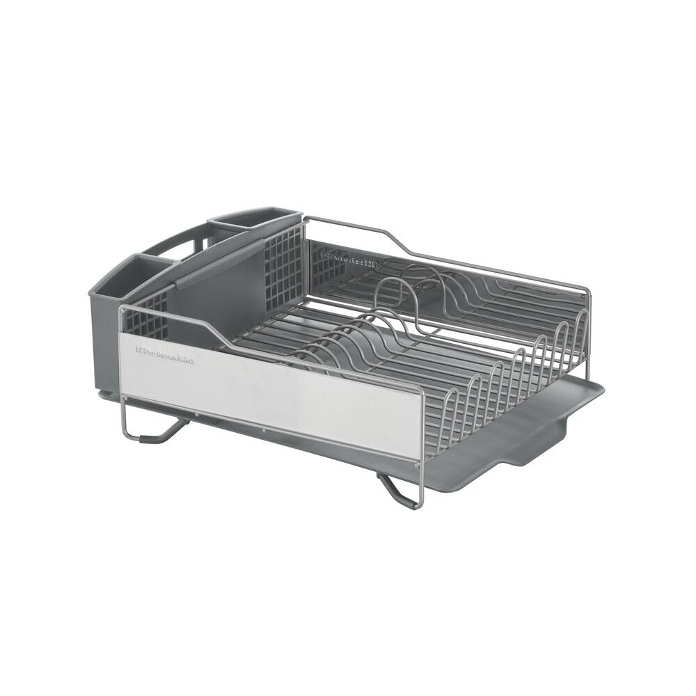 KitchenAid Large Capacity Dish Rack – Rust-Resistant, Full-Size with Angled Drain Board & Removable Flatware Caddy, Light Grey