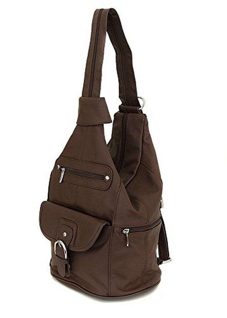 Womens Leather Convertible 7 Pocket Medium Size Tear Drop Sling Backpack Purse Shoulder Bag, Dark Brown