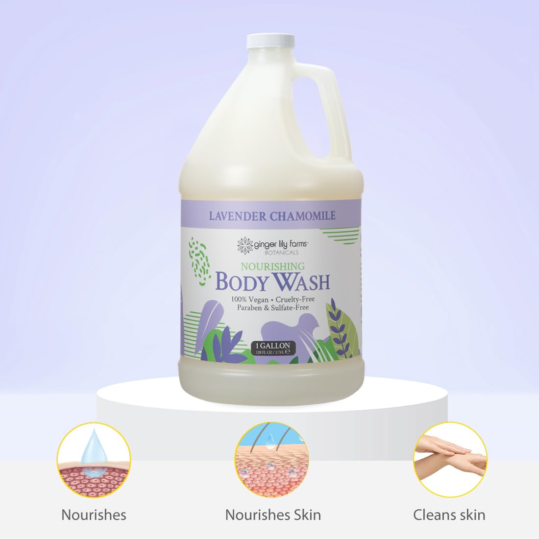 Ginger Lily Farms Botanicals Nourishing Body Wash, 100% Vegan & Cruelty-Free, Bath & Shower Gel for Men and Women, Lavender Chamomile Scent, 1 Gallon