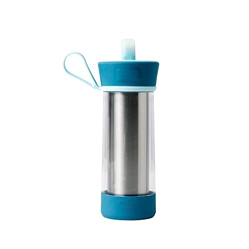 The First Years CoolCore Insulated Kids Water Bottle - Stainless Steel With Straw - Silicone Spout Leak Proof - for School