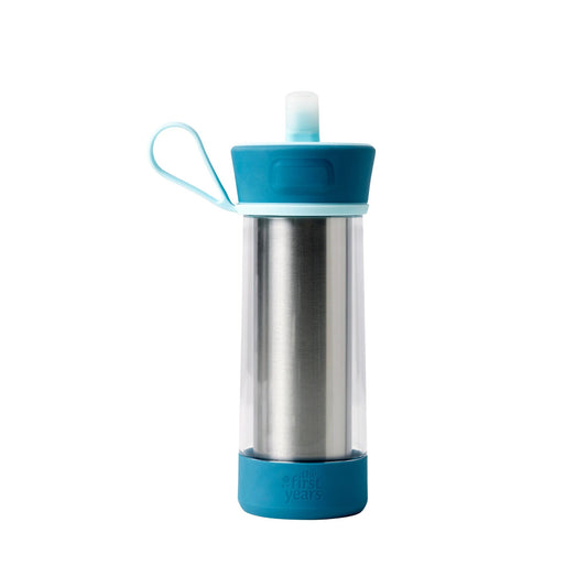 The First Years CoolCore Insulated Kids Water Bottle - Stainless Steel With Straw - Silicone Spout Leak Proof - for School