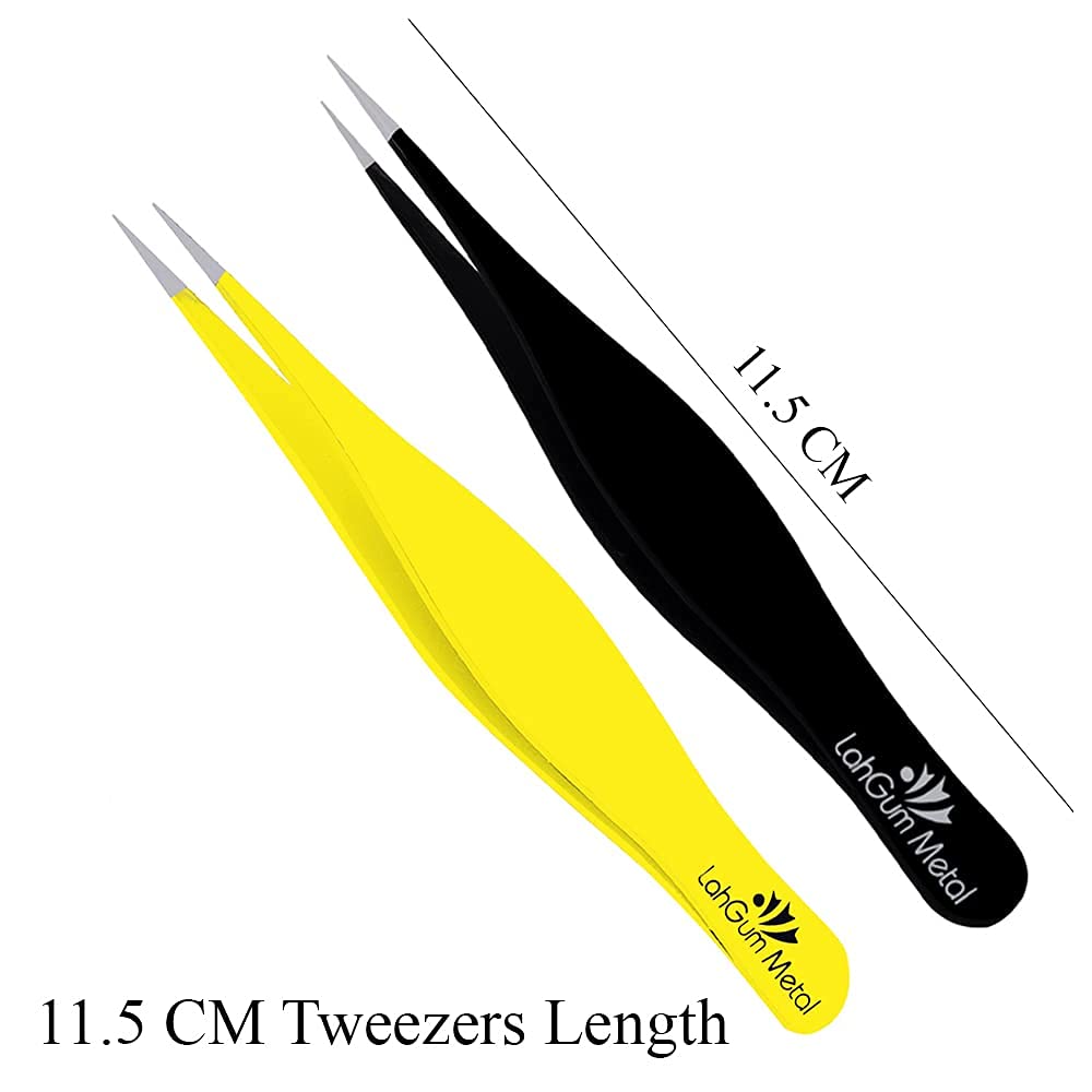 Super Sharp Pointed Tweezers Precision Fine Point Tip Ingrown Hair Removal Kit - Extra Thin Stainless Facial Hair Remover for Face Beauty and Personal Care LahGum Metal