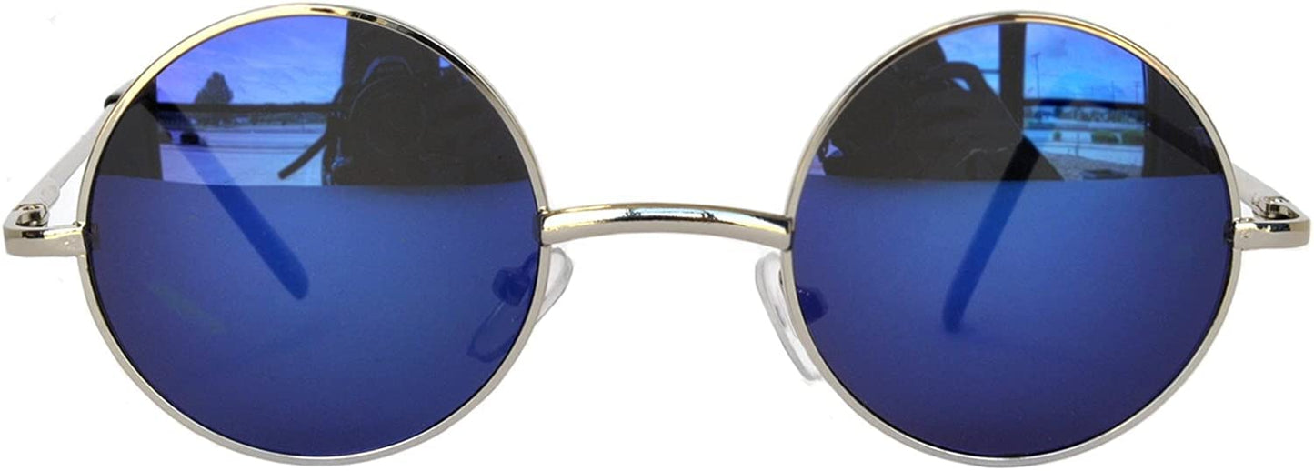 Round Retro Vintage Circle Style Sunglasses Mirorred Blue Lens Silver Metal Frame