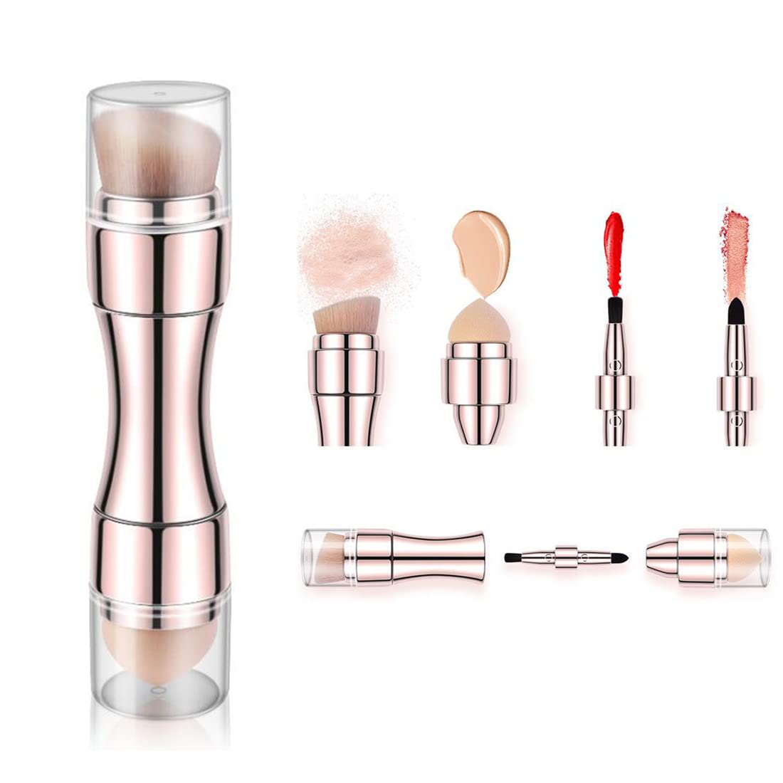 Bling Toman 4 in 1 Makeup Brush, Eyeshadow Eye Lip Face Concealing Blush Foundation Brush All in One Retractable Travel Size Makeup Brush Set (rose