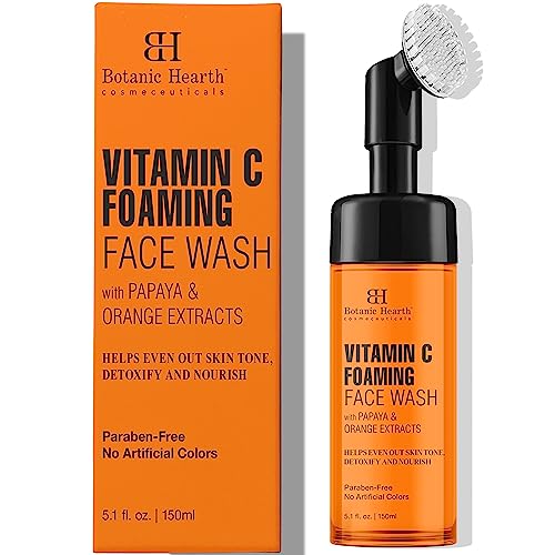 Botanic Hearth Vitamin C Foaming Face Wash With Papaya & Orange | Extracts Built|In Silicone Brush | For Cleansing & Glowing Skin | Paraben & Sulphate
