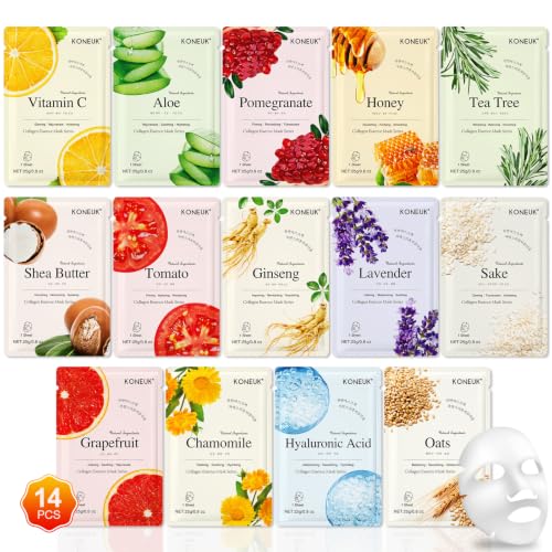 KONEUK 14 Pack Sheet Face Masks Skincare, Hydrating Face Masks Suitable for Dry Skin, Bulk Facial Mask Set for Women Skin Care, Face Mask Gifts Set Beauty and Personal Care KONEUK Default Title