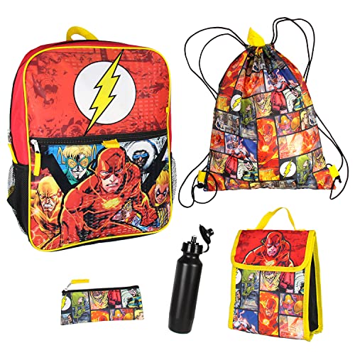 Bioworld DC Comics The Flash 16" Backpack Cinch Bag Water Bottle Lunch Tote 5 Pc Set