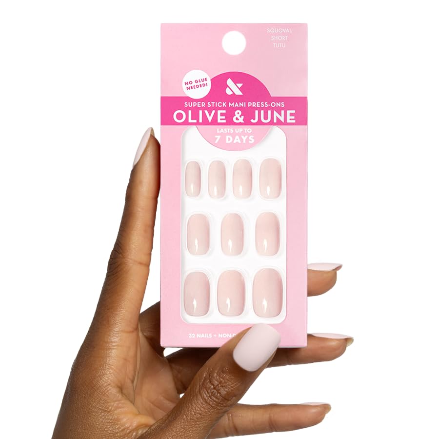 Olive & June Classic Super Stick Mani Summer Press On Nails | No Glue Needed | 32 Tab Nails 16 Sizes | Non-Toxic Tabs Easy On-Off Non-Damaging | 7-Day Beauty & Personal Care Olive & June