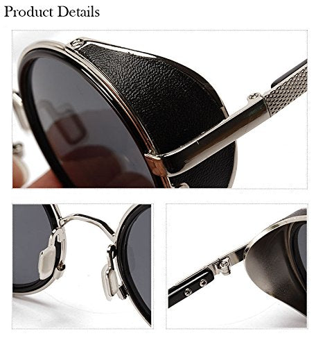 Round Steampunk Sunglasses for Men Women Silver Frame Black Circle Lenses Cyber Goggles Glasses Vintage Retro Design Blinder Fashion Accessories
