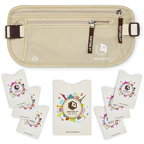 VENTURE 4TH Slim RFID Money Belt – Minimalist Travel Waist Pouch with RFID Blocking Sleeves for Cash, Cards, Passport & Phone, Beige