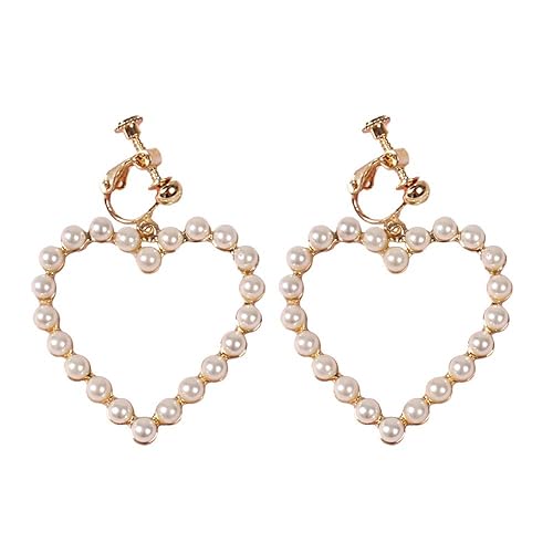DoubleNine Wedding Bridal Earrings Clips No Piercing Heart Hoop Cute Beads Gold Minimal Love Sweet Jewelry for Women Girls