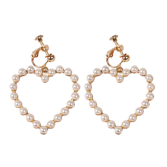 DoubleNine Wedding Bridal Earrings Clips No Piercing Heart Hoop Cute Beads Gold Minimal Love Sweet Jewelry for Women Girls Beauty & Personal Care Doubnine