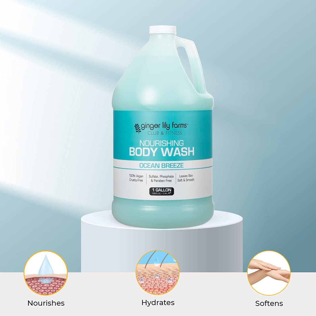 Ginger Lily Farms Club & Fitness Nourishing Body Wash, 100% Vegan & Cruelty-Free, Bath & Shower Gel for Men and Women, Ocean Breeze Scent, 1 Gallon