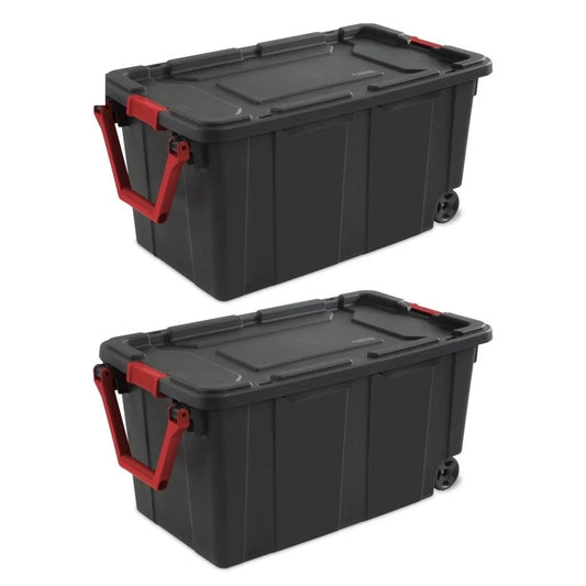 40 Gallon Wheeled Industrial Tote Plastic Storage Bin Black Set of 2