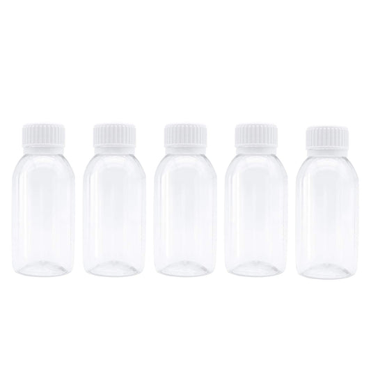 TRENDBOX Pack of 5-100ml Clear Empty PET Mini Storage 100ml/100g/100cc Bottles Hard Plastic Durable Turn Screw Cover Cap Round Filling Liquid