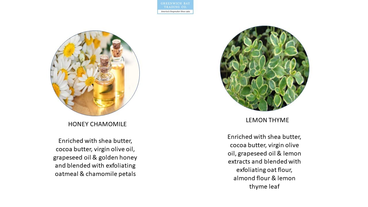 Greenwich Bay Trading- 2 Pack Honey Chamomile & Lemon Thyme Herbal Soaps- Enriched with Shea Butter, Virgin Olive Oil and Infused with Fresh Botanical