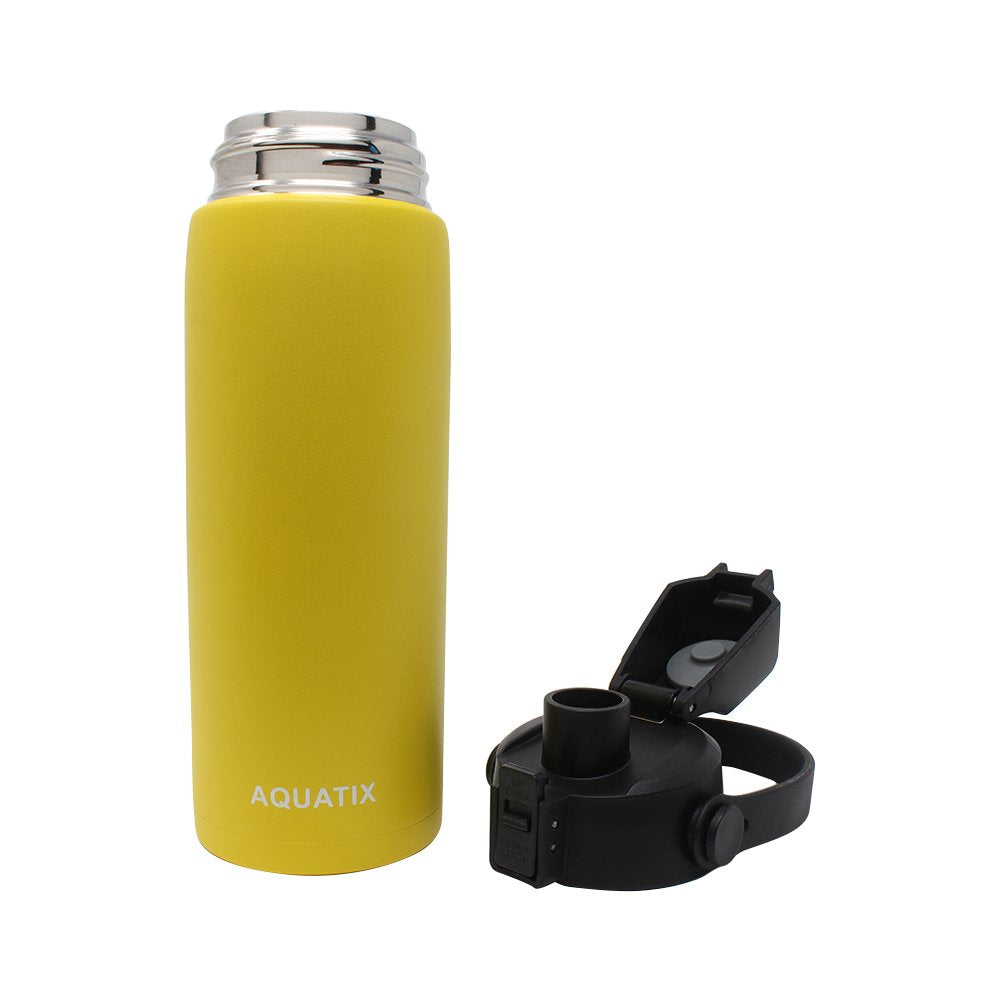 New Aquatix (Lemon Yellow, 21 Ounce) Pure Stainless Steel Double Wall Vacuum Insulated Sports Water Bottle Convenient Flip Top Cap with Removable