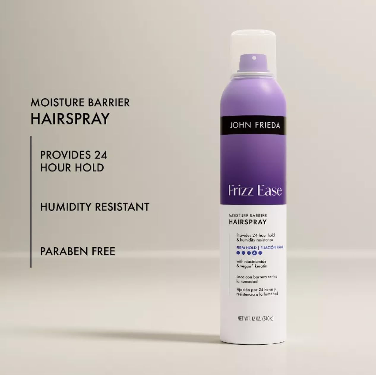 John Frieda Frizz Ease Moisture Barrier Firm Hold Hairspray, 12 oz (Pack of 3), Long-Lasting Humidity-Resistant Anti-Frizz Spray, Heat Protection Bulk