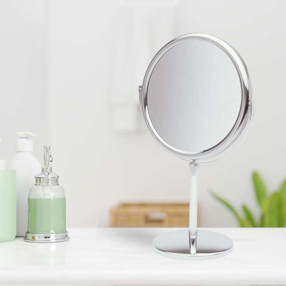 JERDON Two-Sided Tabletop Makeup Vanity Mirror - 5X-1X Magnification & Swivel Design - 9-Inch Diameter Mirror with Adjustable Height - Polished Chrome
