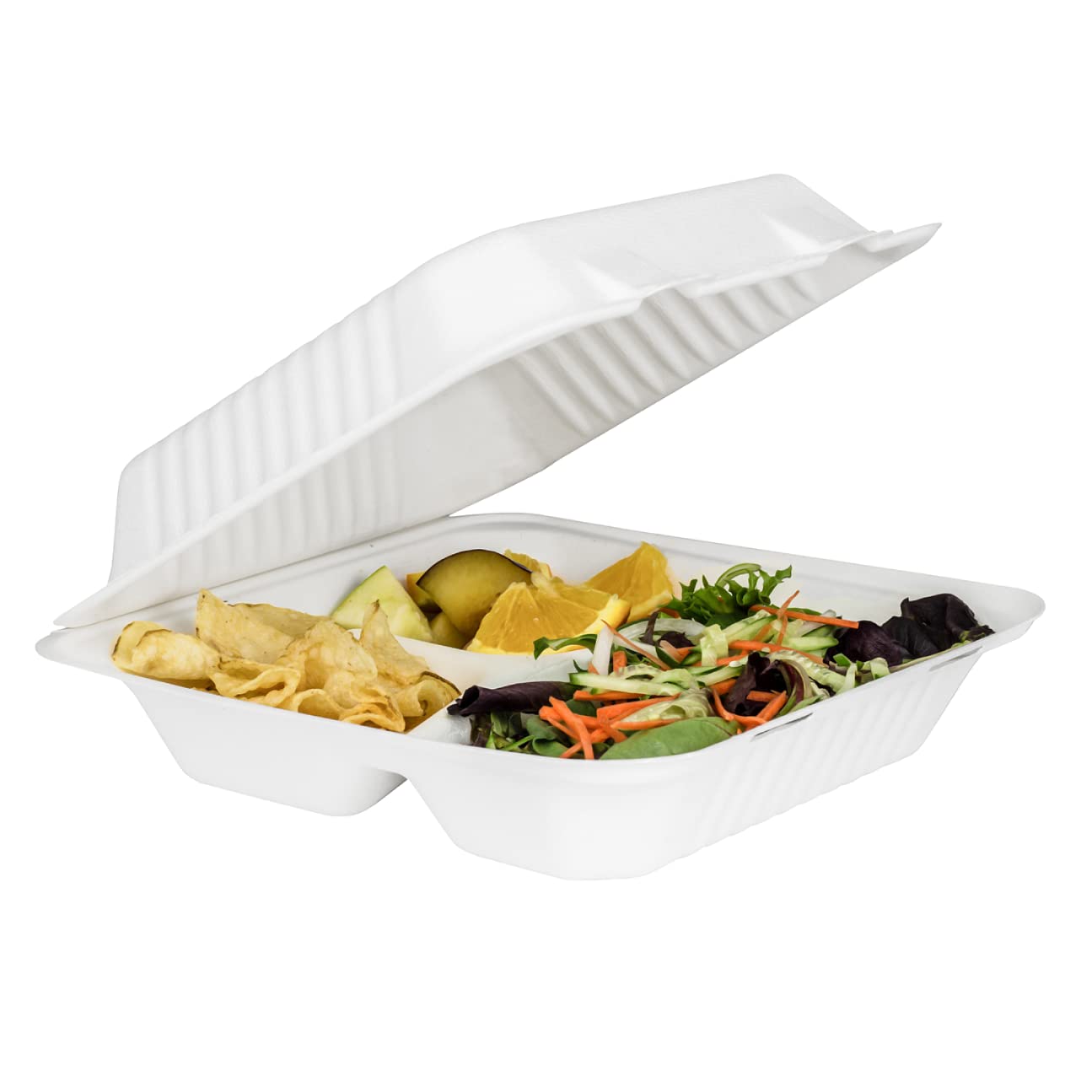 KARAT EARTH Clamshell Take Out Food Containers [9"x9", 200 ct ] 3 Compartments | Compostable To Go Containers, Natural Biodegradable Bagasse | White