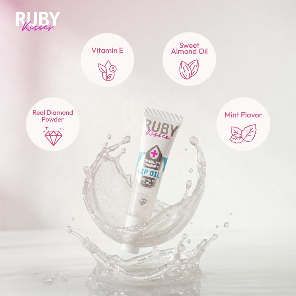 Ruby Kisses Hydrating Lip Oil Treatment Gloss with Mint Oil & Diamond Shimmer (3 Pack), Moisturizing Natural Shine Lip Care Protects & Heals with