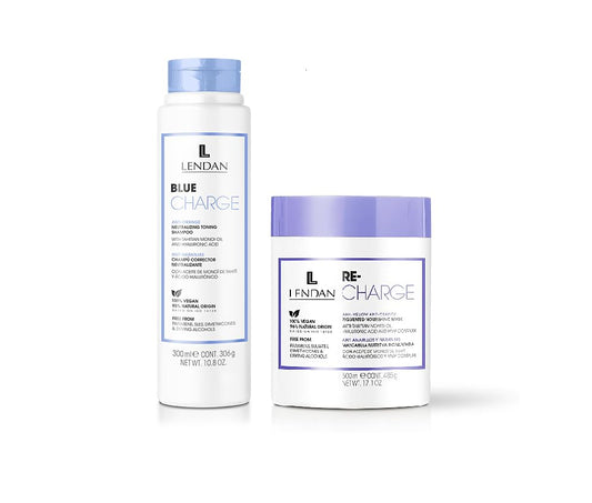 Lendan Anti-Yellow Kit with Blue Pigments, Blue Charge Shampoo 300ml + Re-Charge Mask 500ml